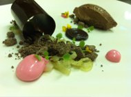 Chocolate with Textures of Licorice and Anise with Grapefruit Coulis