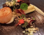 Orkney Scallop, Black Pudding, White Asparagus, Toasted Seeds & Crab Apple Cress