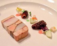 Terrine of Quebec foie gras and pine smoked sturgeon; morels